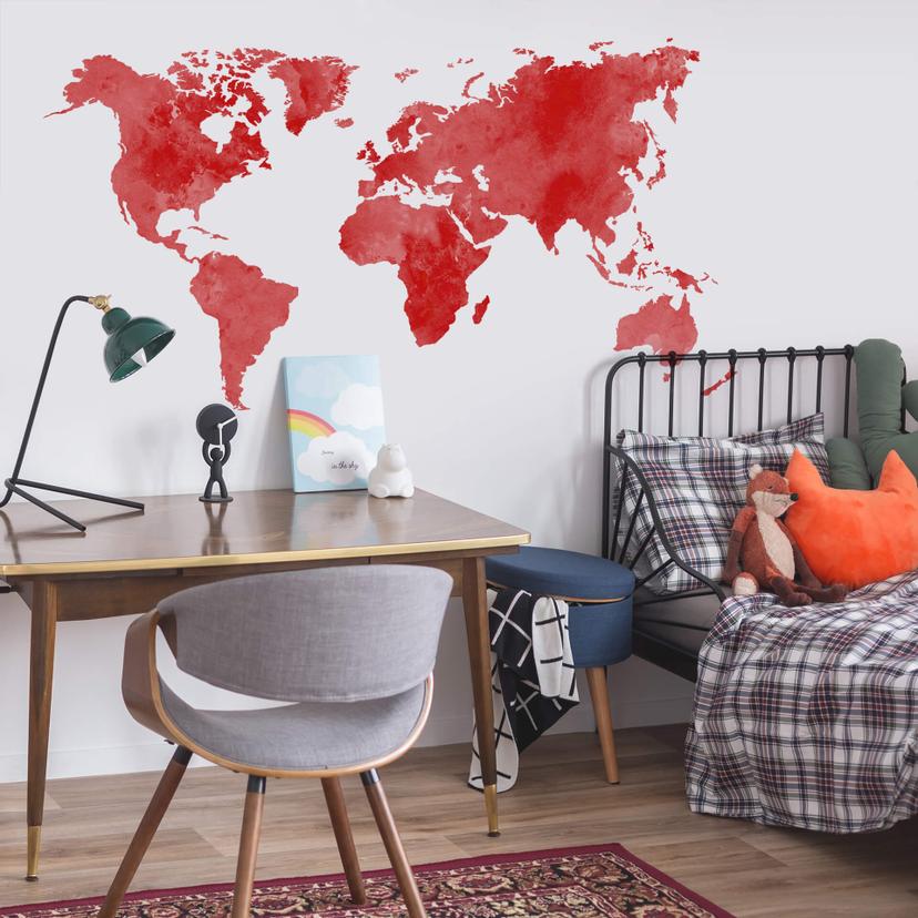 Wallsticker - Verdenskort Aquarel, rød