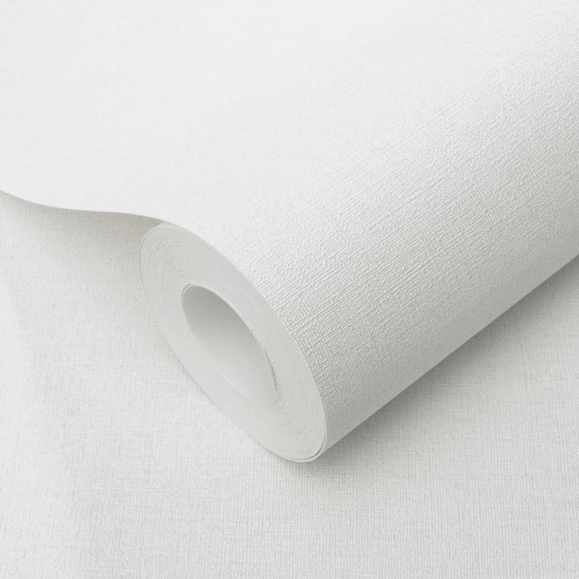 Papel pintado no tejido blanco liso con una fina textura de lino, sutilmente moderno y elegante atem