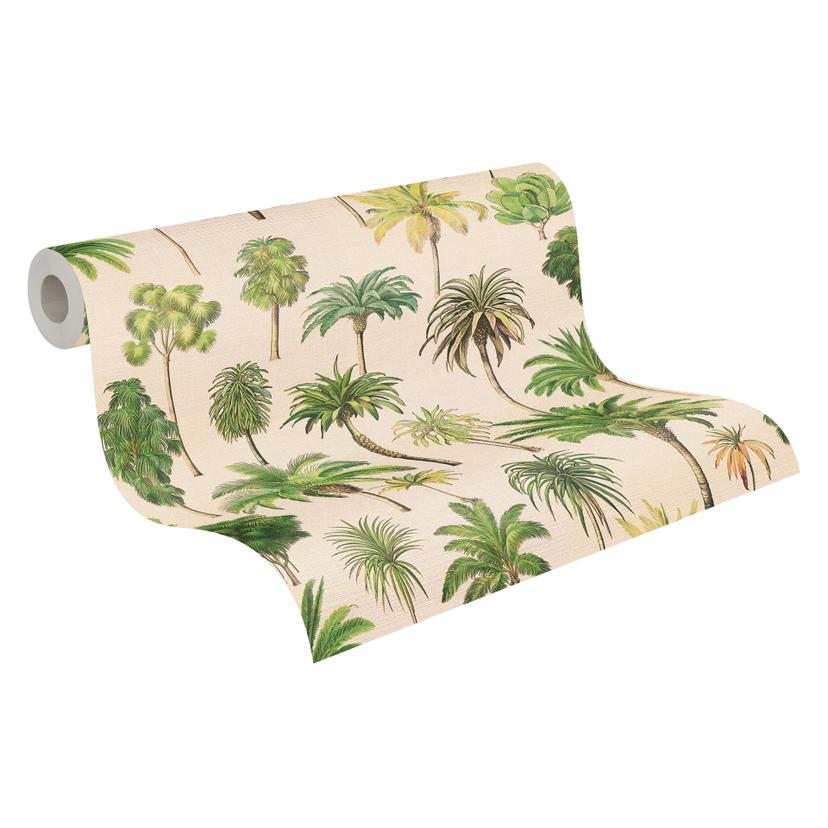 Papel pintado palmeras beige verde - Papel pintado no tejido ilustrado con plantas tropicales