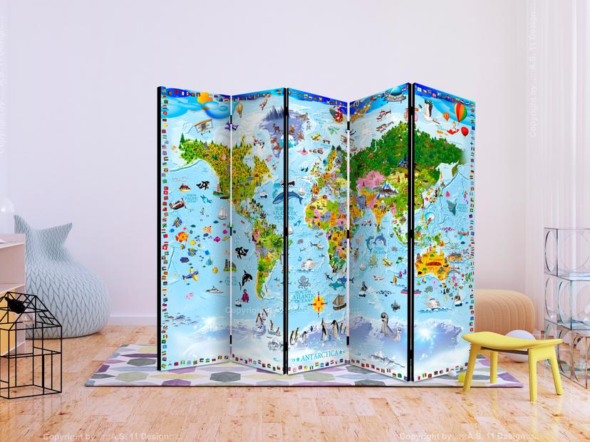 Schermo divisorio - Mappamondo per bambini , 5 pezzi - 225x172 cm