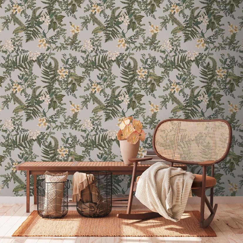 Papier peint végétal avec fleurs Gris Vert - papier peint intissé avec fleurs floral