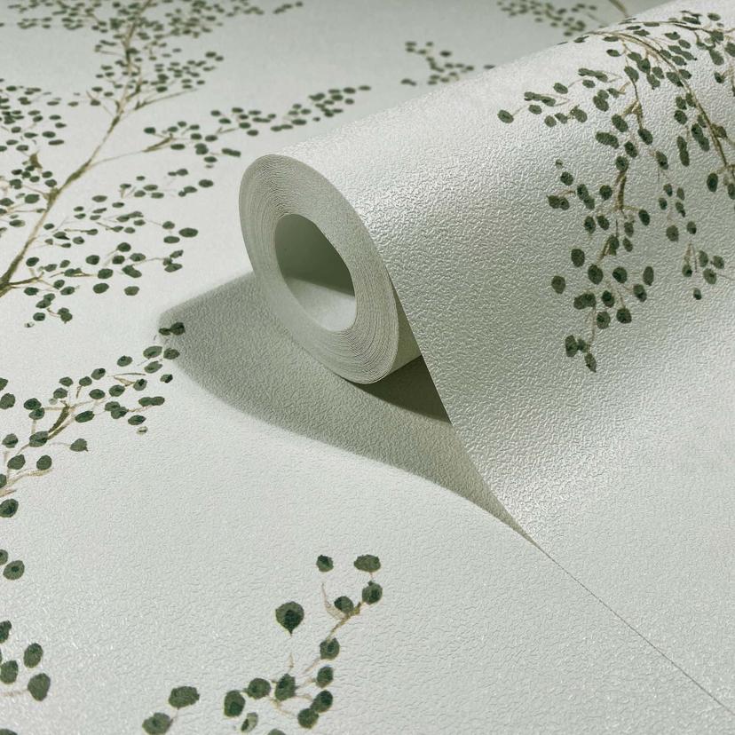 Carta da parati in tessuto non tessuto foglie, rami, natura floreale opaca in grigio verde