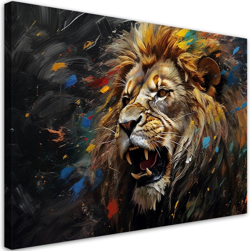 Tableau sur toile, lion sur fond sombre
