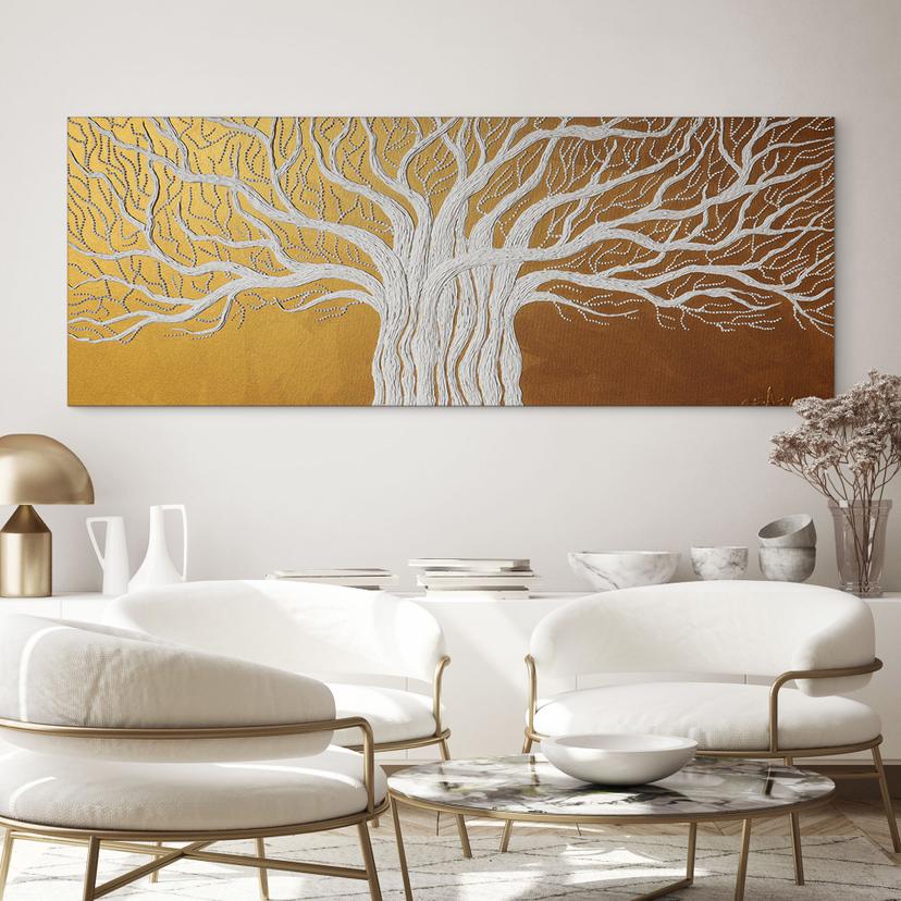 Stampe per pareti Bianco albero della vita astratto - Grande - Alu-Dibond Panorama