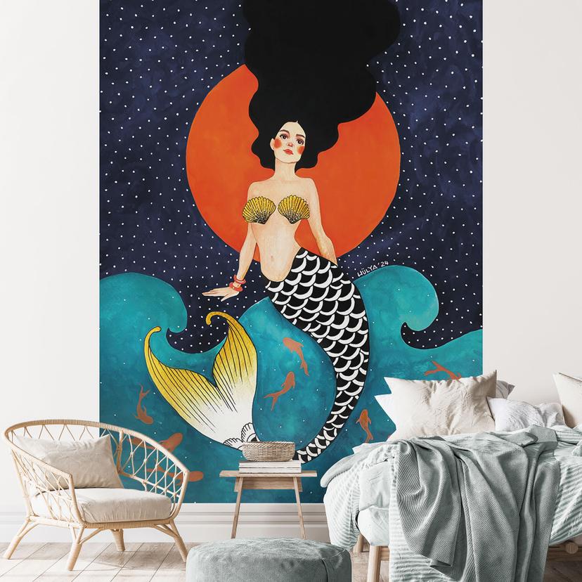 Océan Papier peint Sirène au clair de lune rouge - Hülya