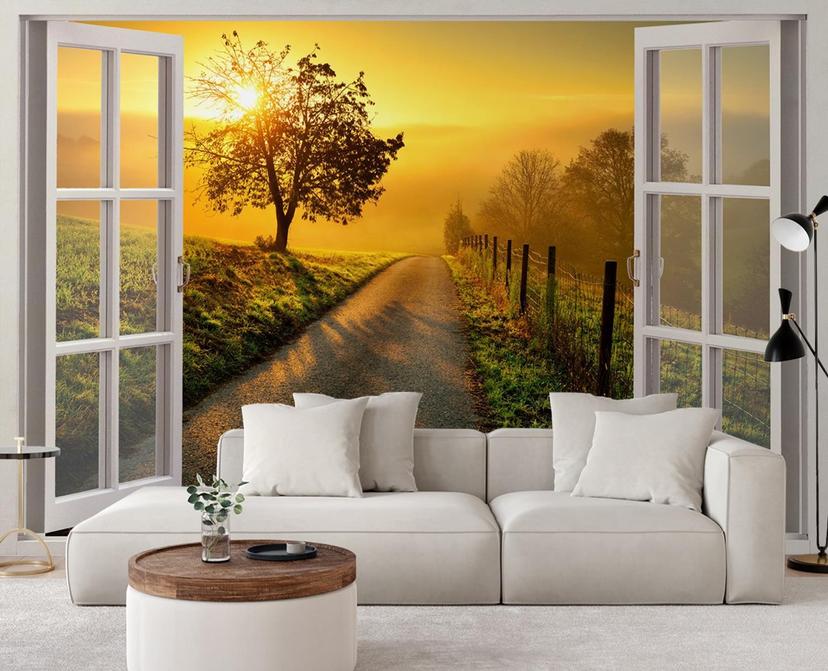 Fototapete Fenster - Sonnenuntergang über der Straße