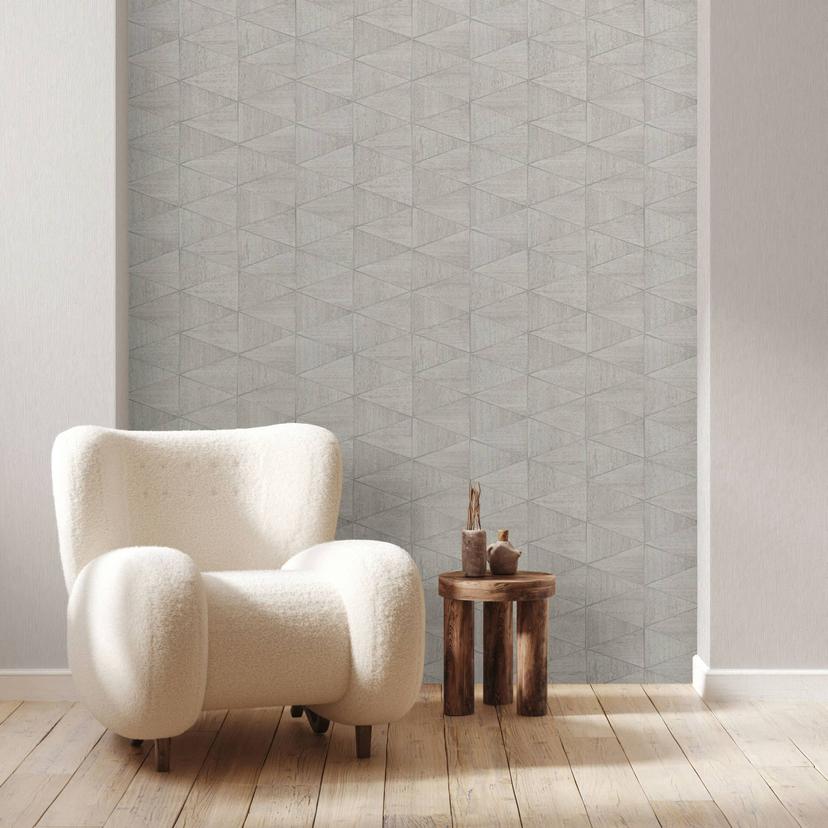 Non-woven tapet med geometrisk mønster, trekanter beige, grå grafik