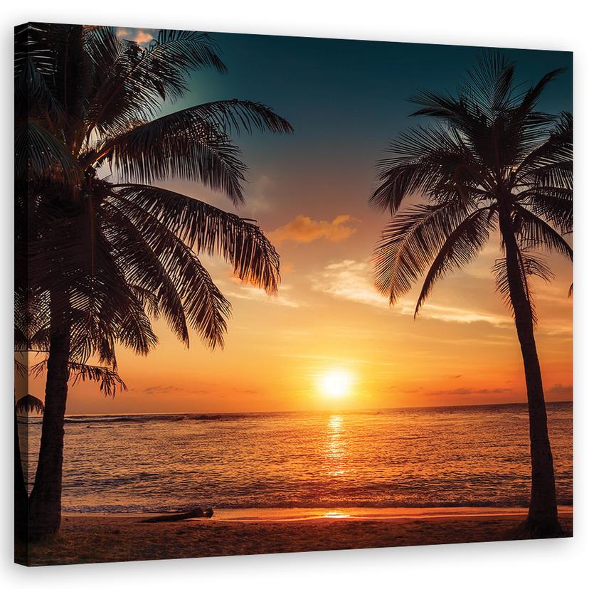Leinwandbild Sonnenuntergang Strand Palmen