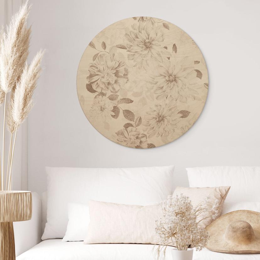 Cuadro de madera Dalias Shabby Chic Beige - Decoración Floral - Redondo