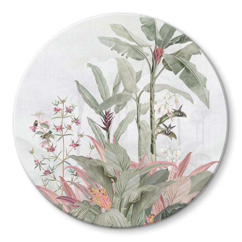 Glasbillede - Tropisk idyl med kolibri blå - blomsterdekoration - rund
