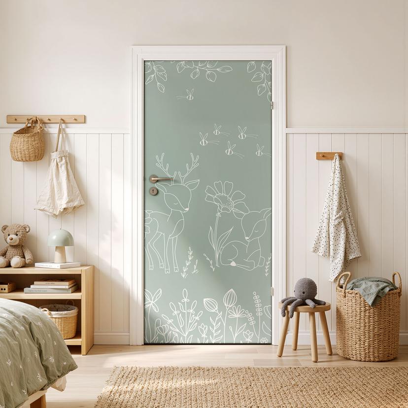 Lámina Adhesiva para Puerta Dos Corzos en el Prado Florido - Oliver Robins