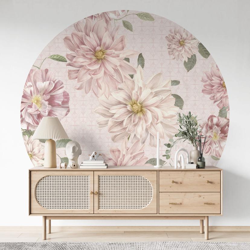 Fototapet med lyserøde dahliaer - blomsterdekoration - rund