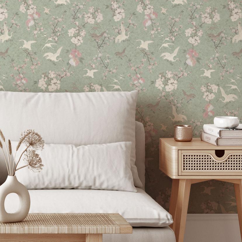 Carta da parati a motivi di gru di uccelli in fiore di ciliegio verde - Bloomery Decor
