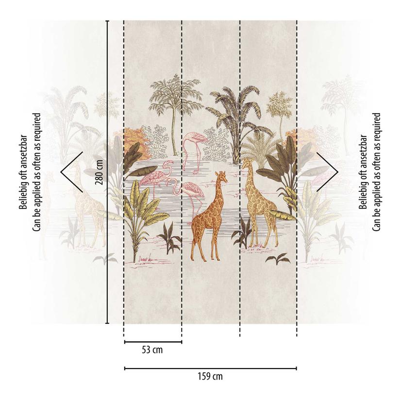 Carta da parati Safari beige colorata - Carta da parati in tessuto non tessuto con giraffe e palme p