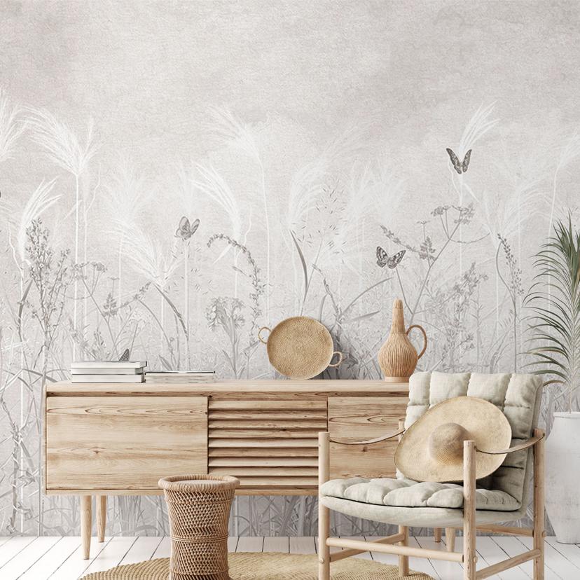 Scandinavisch design wilde bloemenweide met vlinders Fotobehang - Ms Tiff