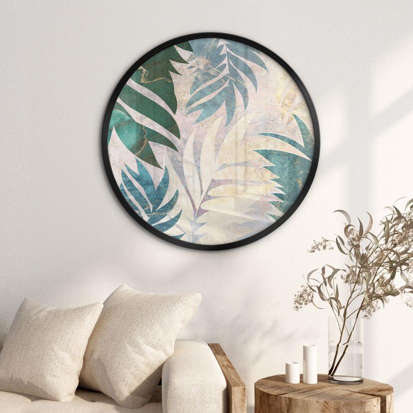Poster Foglie di palma esotiche in oro-verde - Manovski - Rotondo