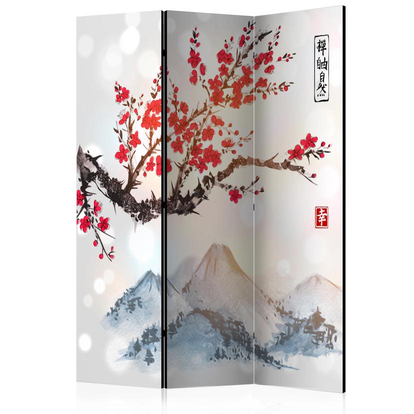 Screen room divider - Fuji i kirsebærtræets blomstrende ramme, 3-delt