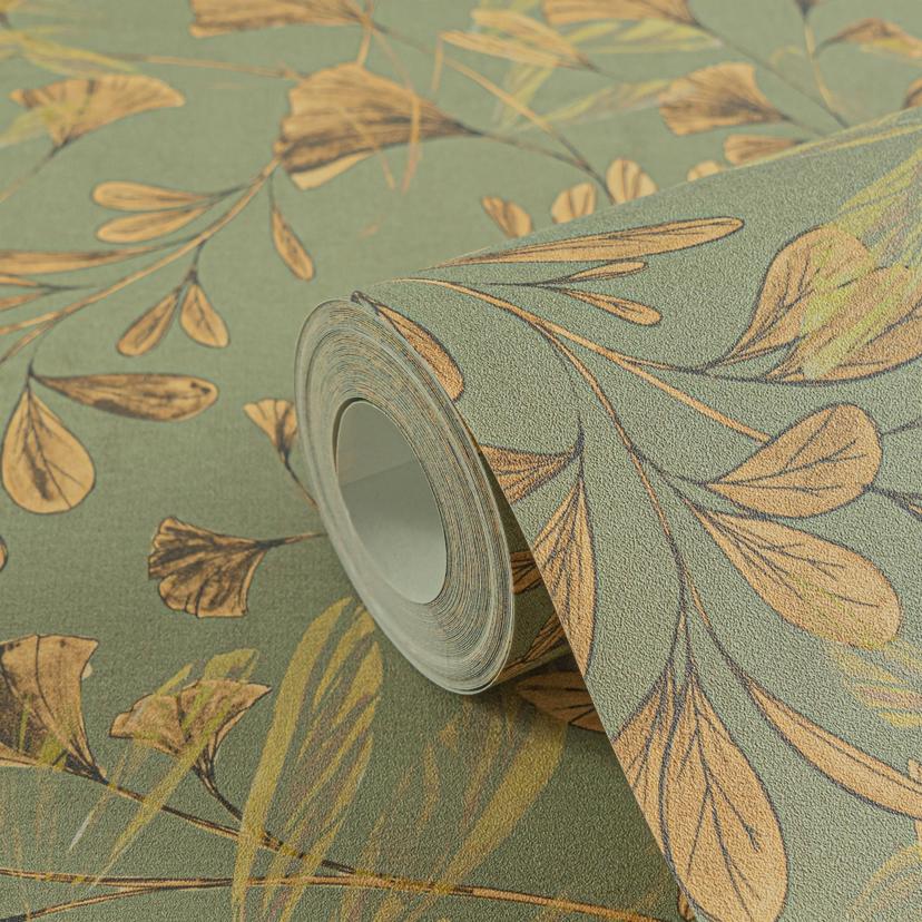Florale Tapete Ginkgo-Blätter Grün Gelb – Naturmotiv mit Zweigen – Vliestapete modern