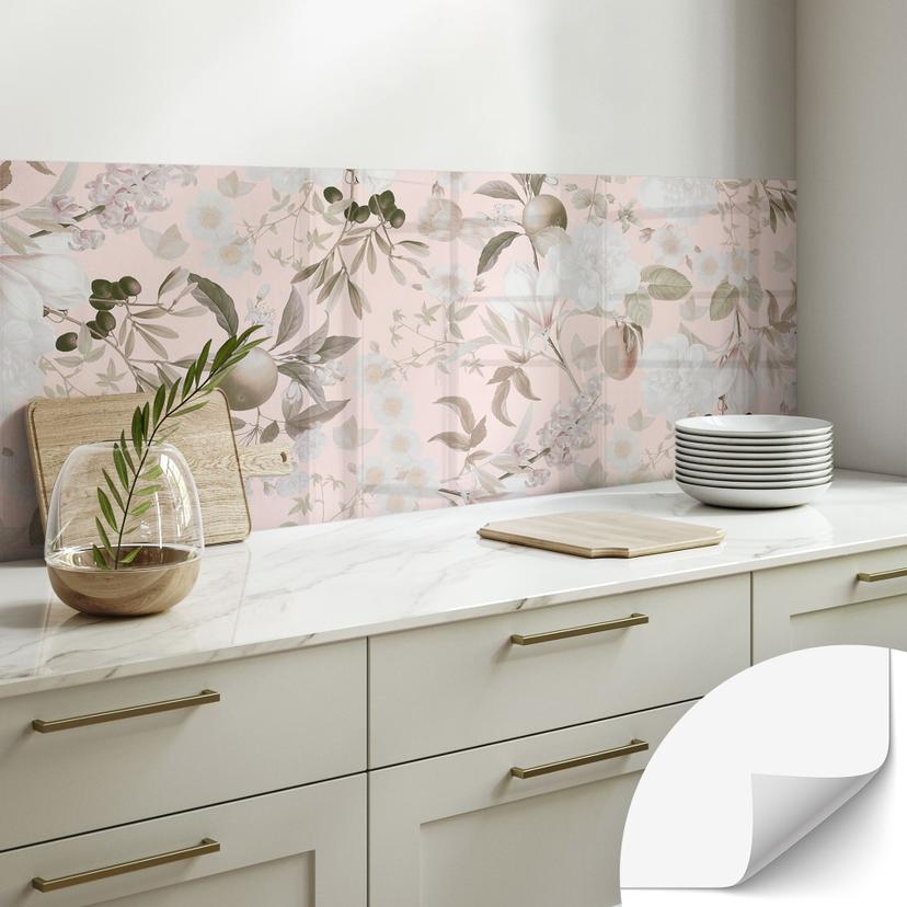 Selvklæbende stænkplade til køkken boho-illustration med blomster og frugt - UN Designs