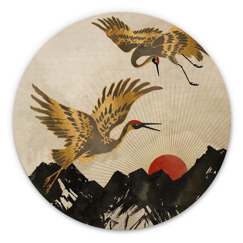 Tableau sur bois rond SpaceFrog Designs - Grues dorées