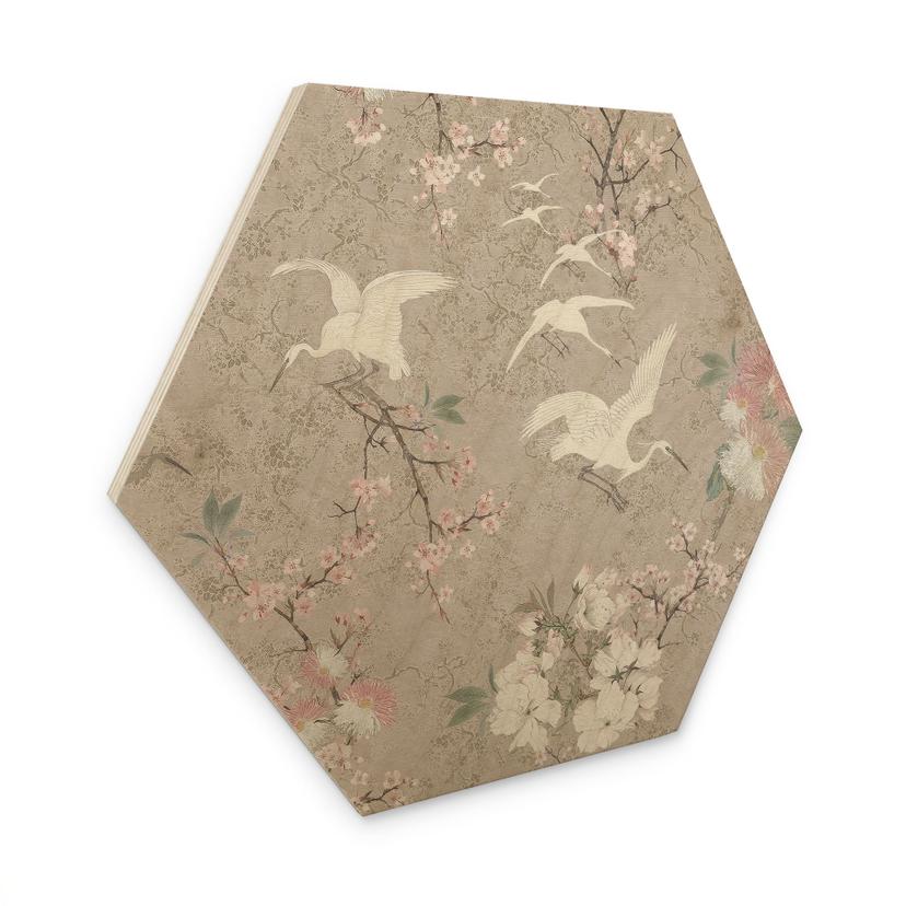 Sekskantet Billede af træ Kraner i Cherry Blossom Rush Beige - Bloomery Decor