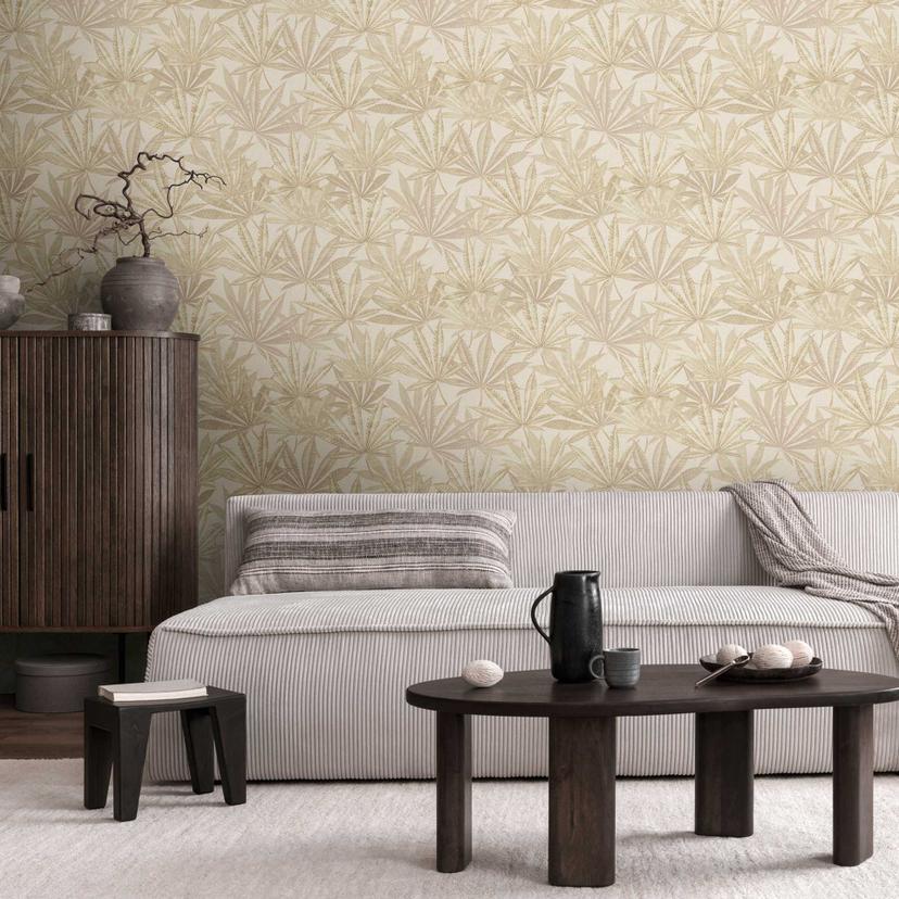 Leaves tapet beige creme - Ikke-vævet tapet med bladmønster af stor størrelse i naturlige toner