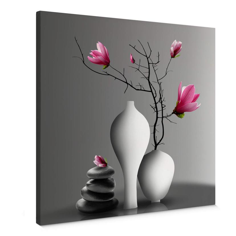 Lienzo rama de magnolia en jarrón blanco - Cuadrado