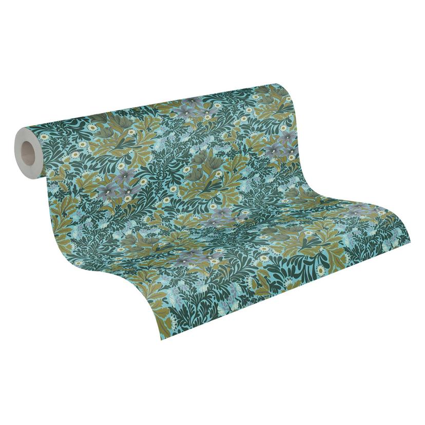 Mustertapete floral Grün Blau - Tapete mit Blumen und Blättern