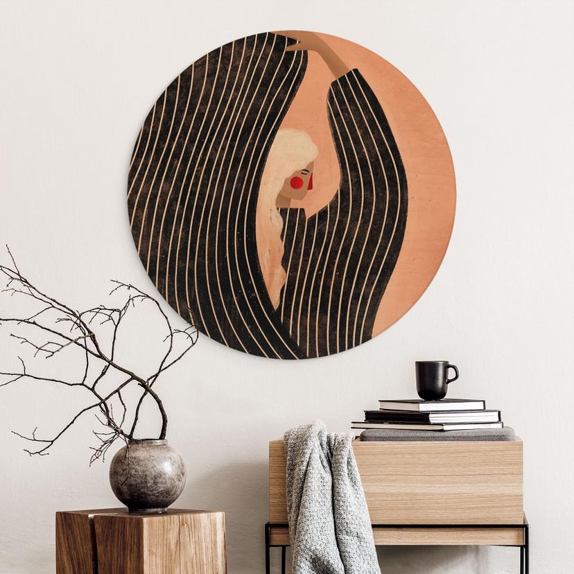 Houten Wanddecoratie vrouw met zwart gestreepte jurk - Müller - Rond