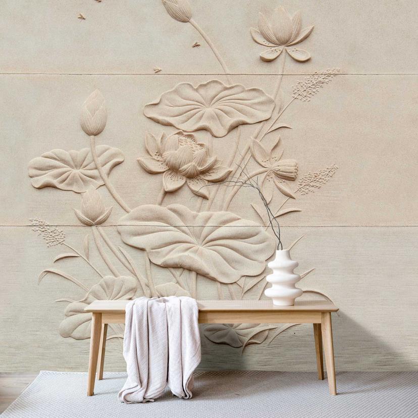 Relief tapet med blomstermønster - elegant 3D vægdesign i creme
