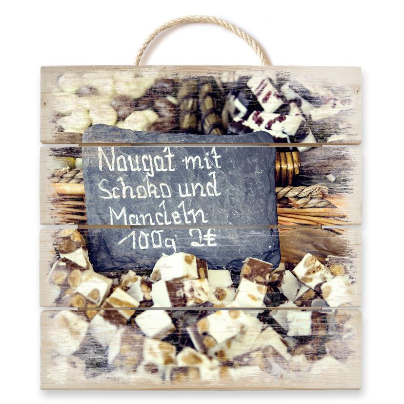Holzbild Nougat mit Schokolade und Mandeln