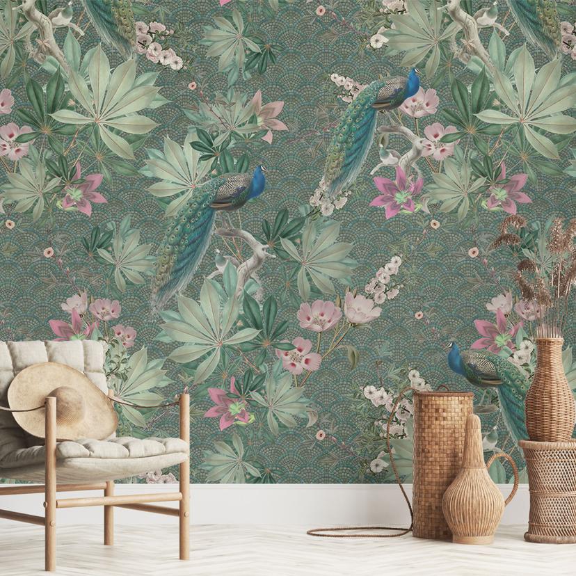 Påfugl i tropisk havemosaik Fototapet - Bloomery Decor