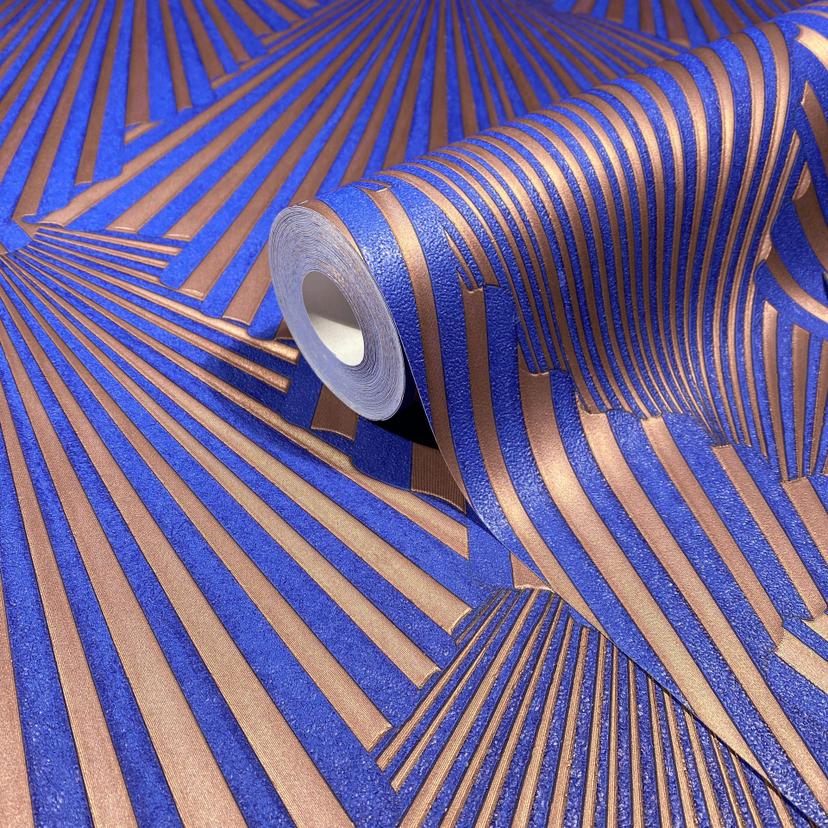 Papel pintado no tejido aspecto 3D, rayas gráfico geométrico en azul