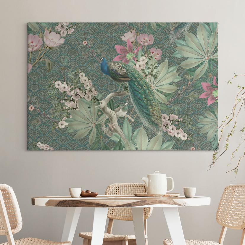 Stampe su tela con pavone in giardino tropicale su mosaico - Bloomery Decor