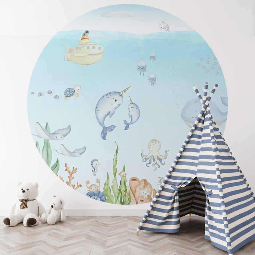 Tapet cirkel Oliver Robins - Underwater Friends - vliesetapet/selvklæbende non-woven tapet