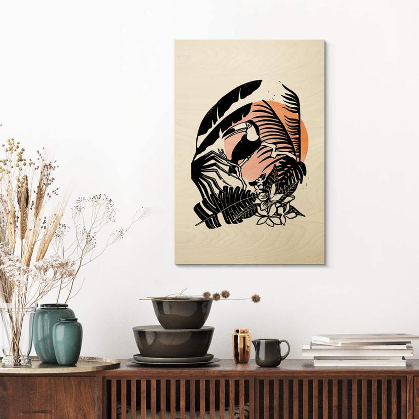 Cuadro de madera Goed Blauw - linograbado tucán