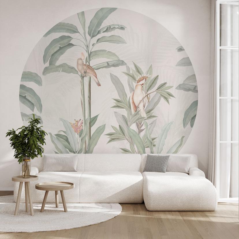 Tropisk skov med kakaduer Fototapet - Bloomery Decor - Rundt - Selvklæbende/ikke-vævet