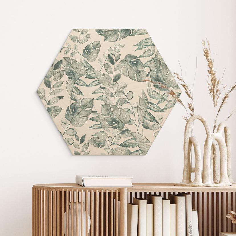 Stampa esagonale su legno foglie della giungla acquerello crema - Bloomery Decor