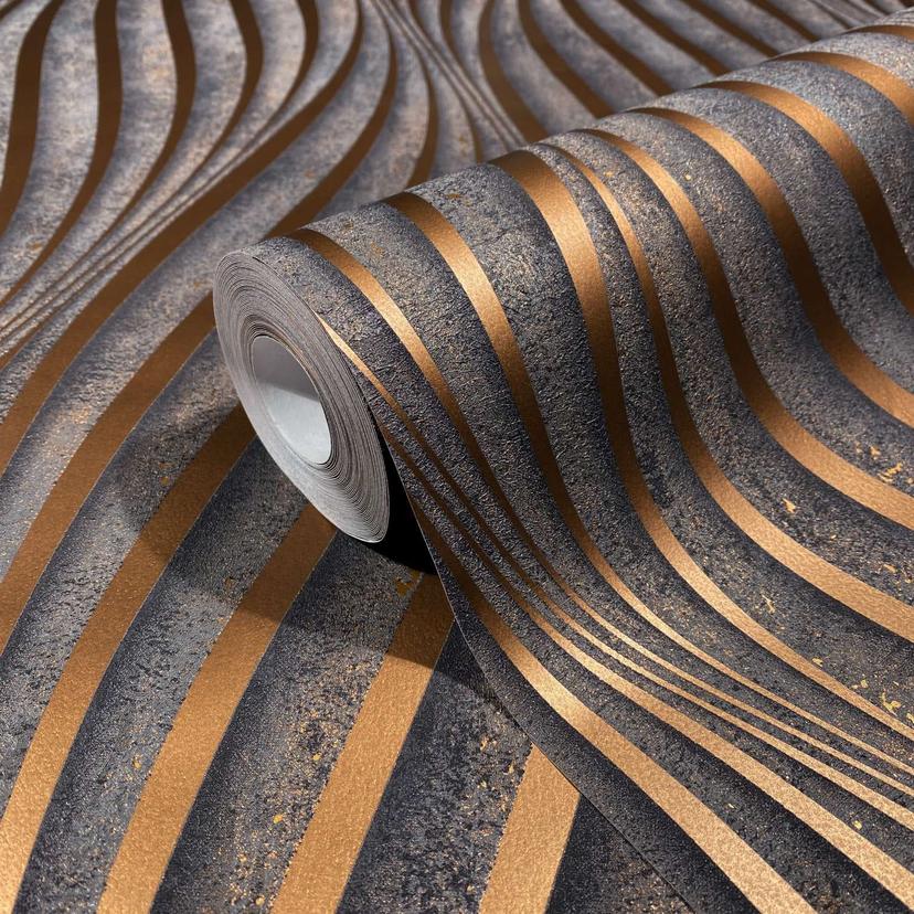 Papel pintado no tejido con rayas curvas brillantes Muestra negra
