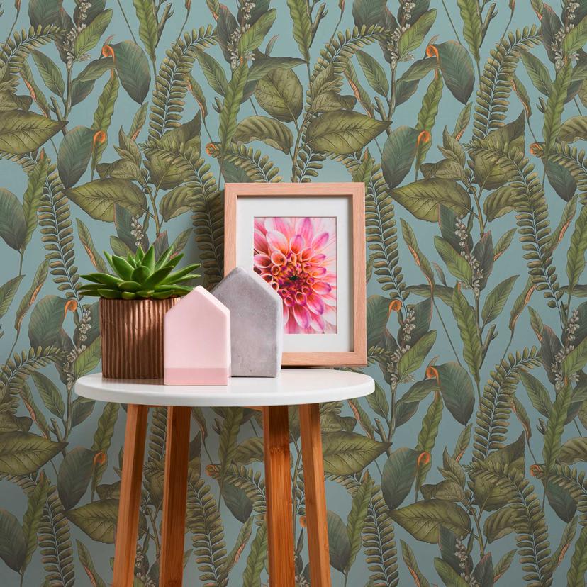 jungle tapet blå grøn - non-woven tapet blomster med blade og blomster