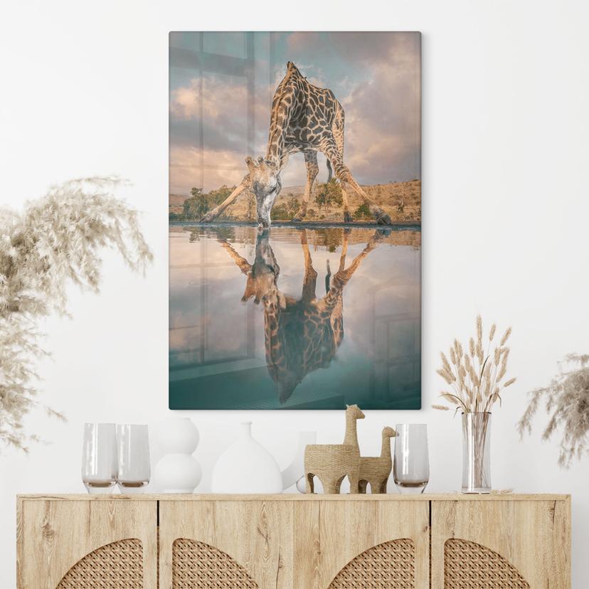 Glasplaat Reflectie van een giraffe in de wildernis - Amtmann
