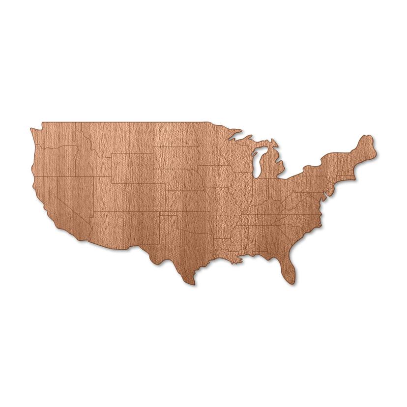Décoration en bois - Carte des USA avec frontières des Etats - Placage acajou