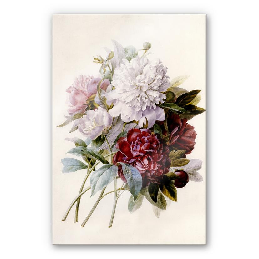 Tableau en verre acrylique - Redouté - Bouquet de roses trémières rouges, violettes et blanches