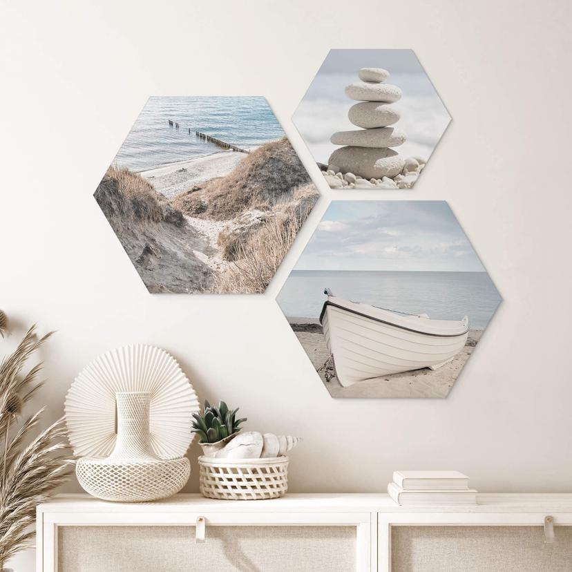 Hexagon Dibond Sæt med kystflair (3 dele)