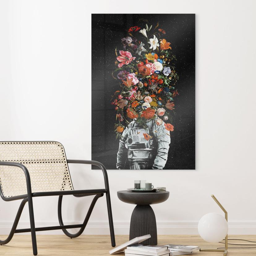 Tableau sur verre acrylique Astronaute avec composition florale - Nicebleed