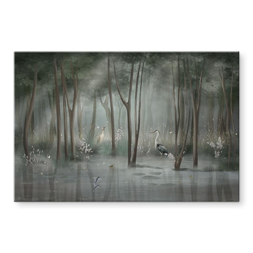 Tableau en verre acrylique Forêt nuageuse au bord du lac avec héron en vert - Ms Tiff