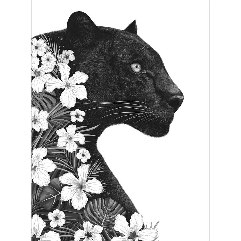 Fototapete Schwarzer Panther mit weißen Blumen - Korenkova