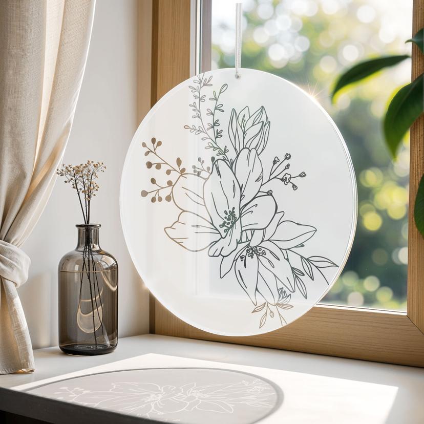 Akrylbillede, vinduesbillede til ophængning Elegant blomsterpragt - Magnolier - Rund