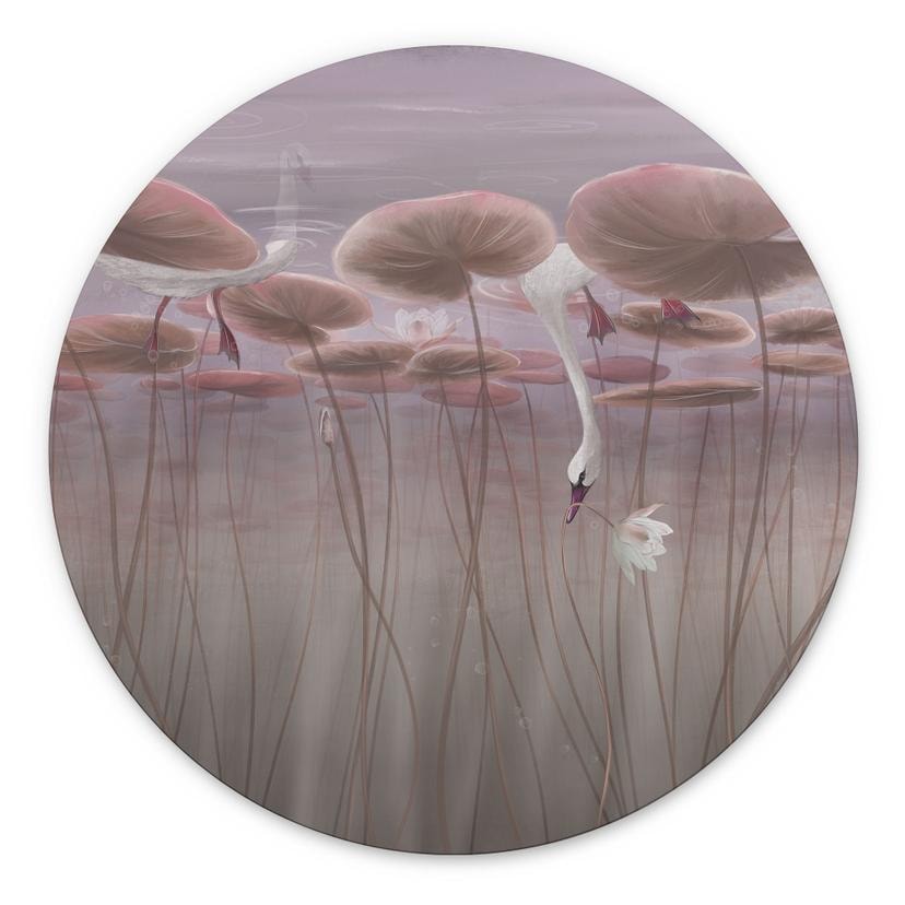 Wanddecoratie lotusbloemen met zwaan in water in schemerroze - Ms Tiff - Alu-Dibond Rond