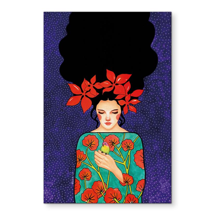 Tableaux Femme à la corolle rouge et à l'oiseau - Hülya - Alu-Dibond